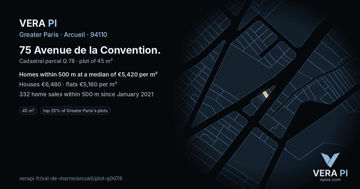 75 Avenue de la Convention, Arcueil at night – the plot lit, the parcels around coloured by the prices near them