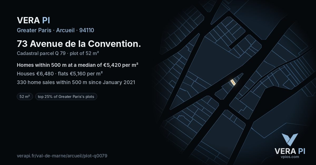 73 Avenue de la Convention, Arcueil at night – the plot lit, the parcels around coloured by the prices near them