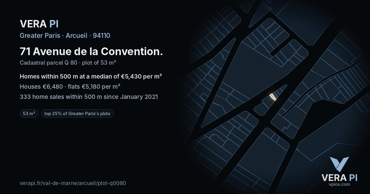 71 Avenue de la Convention, Arcueil at night – the plot lit, the parcels around coloured by the prices near them