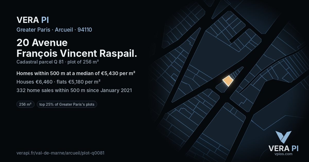 20 Avenue François Vincent Raspail, Arcueil at night – the plot lit, the parcels around coloured by the prices near them
