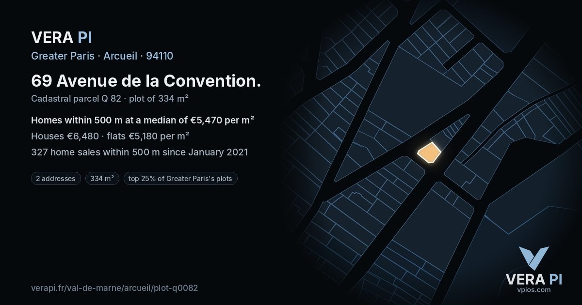 69 Avenue de la Convention, Arcueil at night – the plot lit, the parcels around coloured by the prices near them