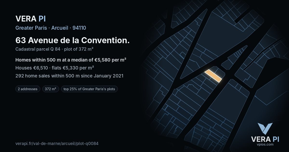 63 Avenue de la Convention, Arcueil at night – the plot lit, the parcels around coloured by the prices near them
