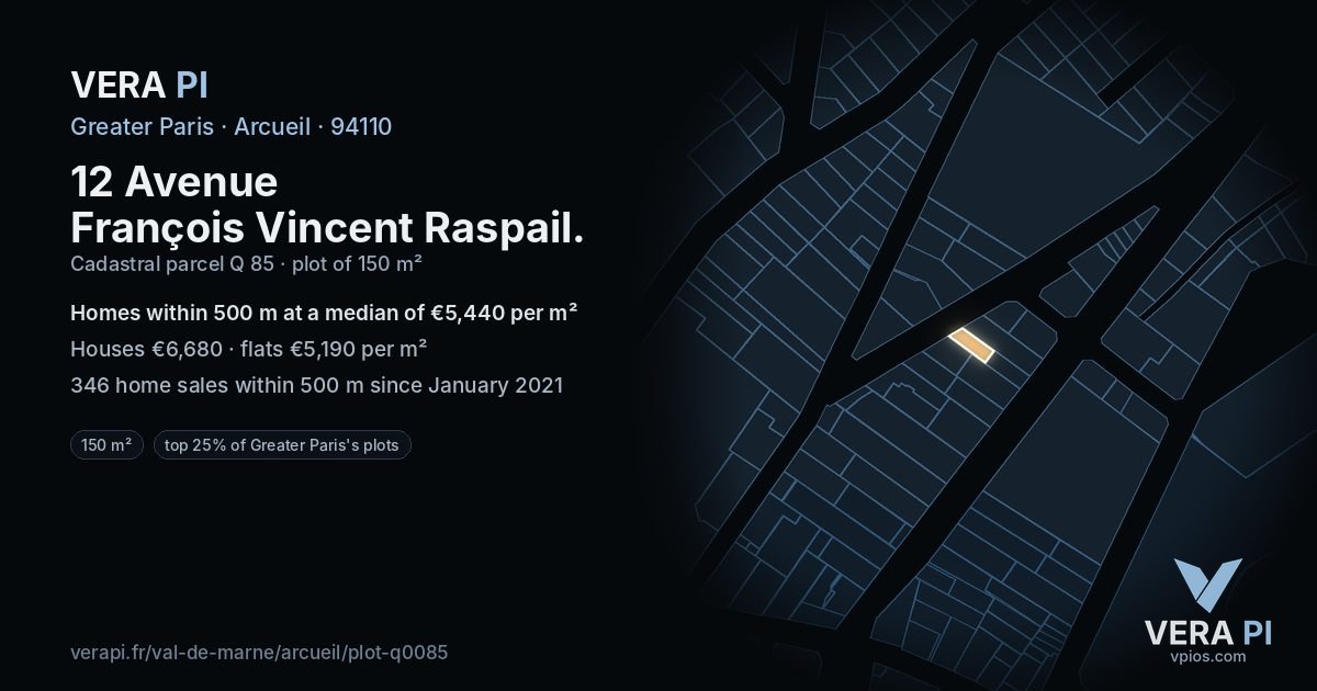 12 Avenue François Vincent Raspail, Arcueil at night – the plot lit, the parcels around coloured by the prices near them