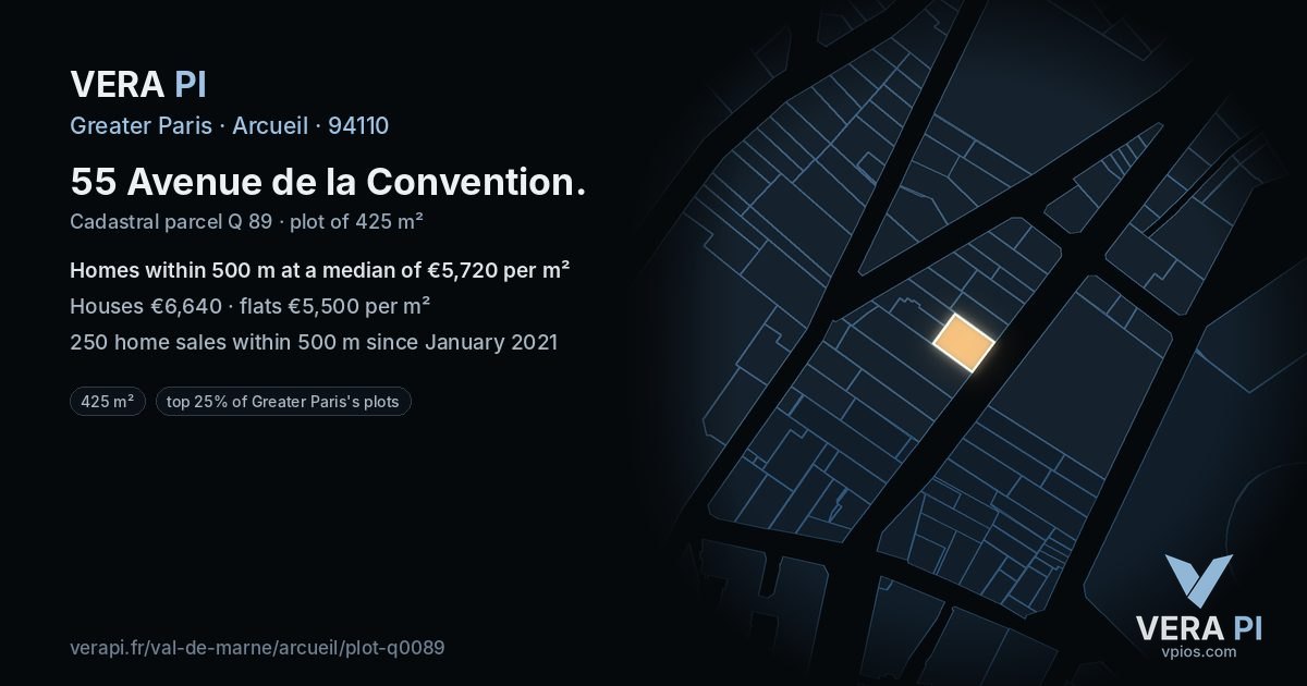 55 Avenue de la Convention, Arcueil at night – the plot lit, the parcels around coloured by the prices near them