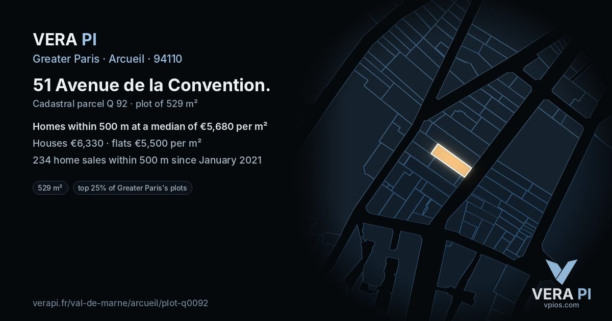 51 Avenue de la Convention, Arcueil at night – the plot lit, the parcels around coloured by the prices near them