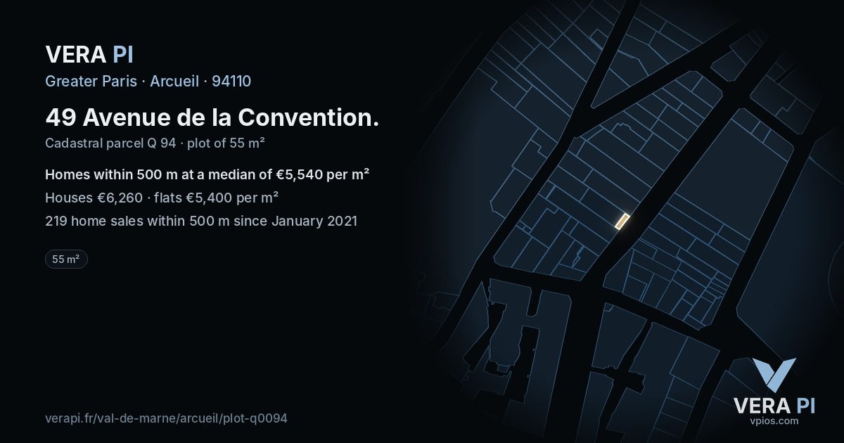 49 Avenue de la Convention, Arcueil at night – the plot lit, the parcels around coloured by the prices near them