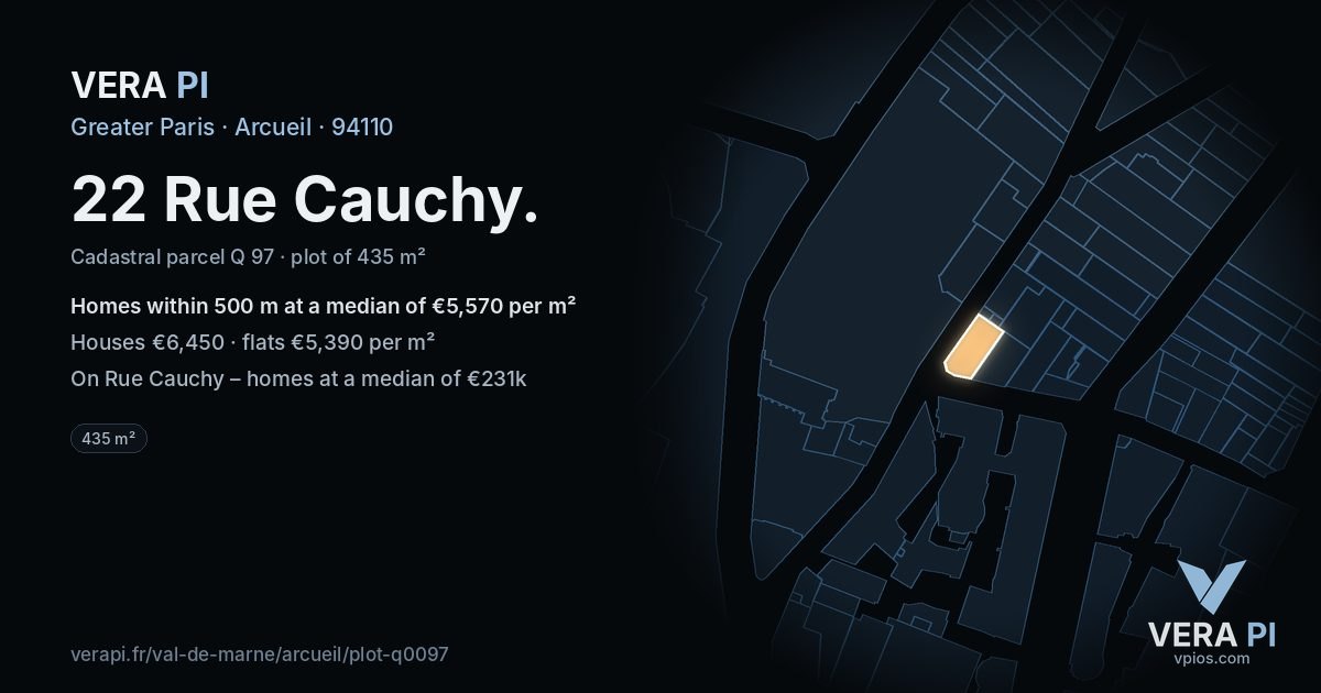 22 Rue Cauchy, Arcueil at night – the plot lit, the parcels around coloured by the prices near them