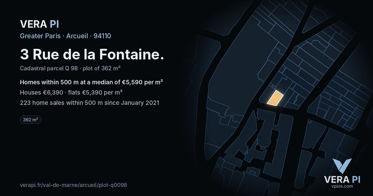 3 Rue de la Fontaine, Arcueil at night – the plot lit, the parcels around coloured by the prices near them