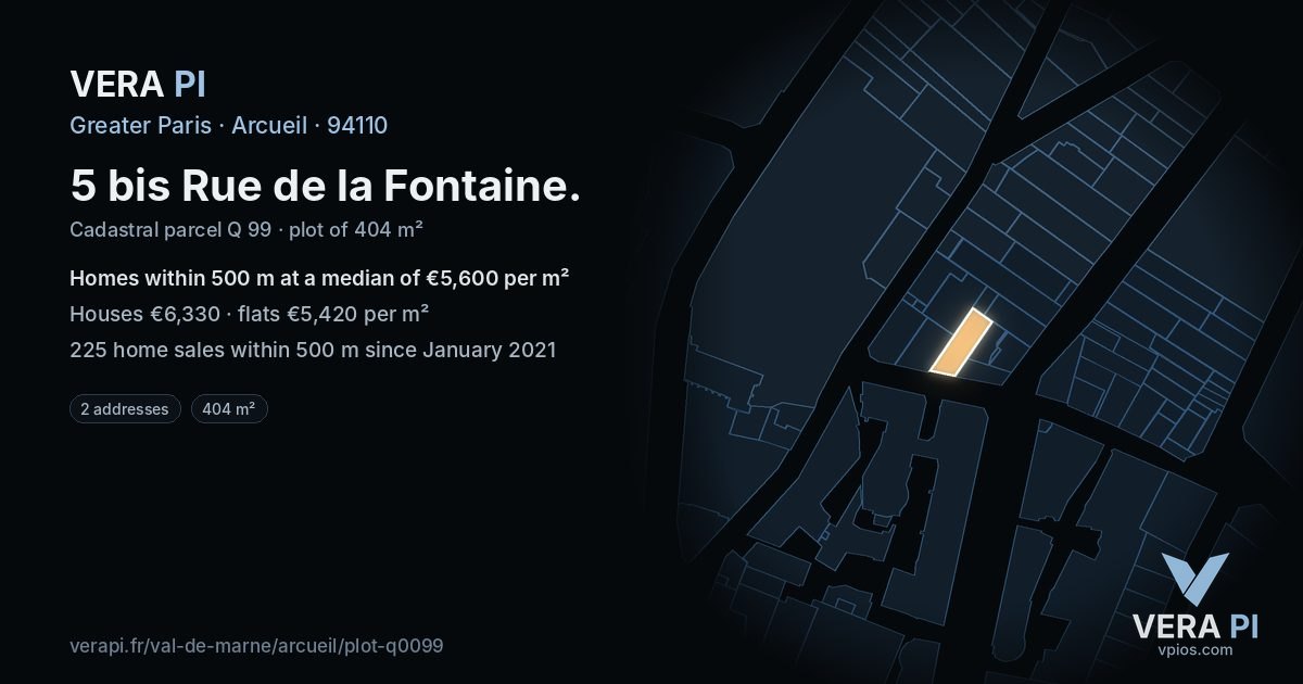 5 bis Rue de la Fontaine, Arcueil at night – the plot lit, the parcels around coloured by the prices near them