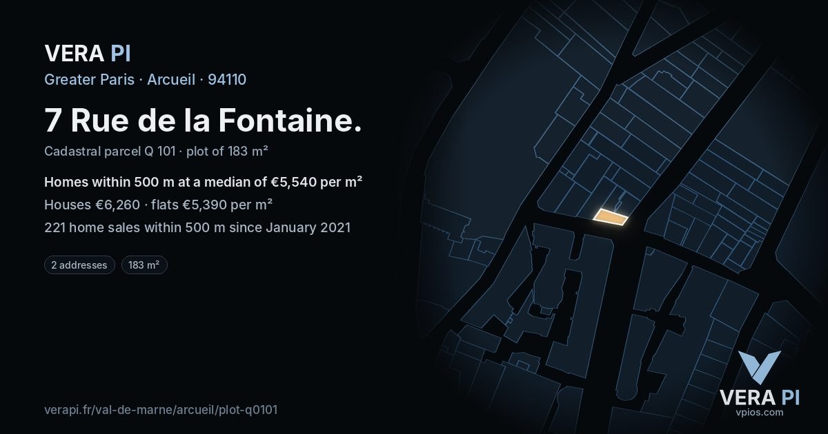 7 Rue de la Fontaine, Arcueil at night – the plot lit, the parcels around coloured by the prices near them