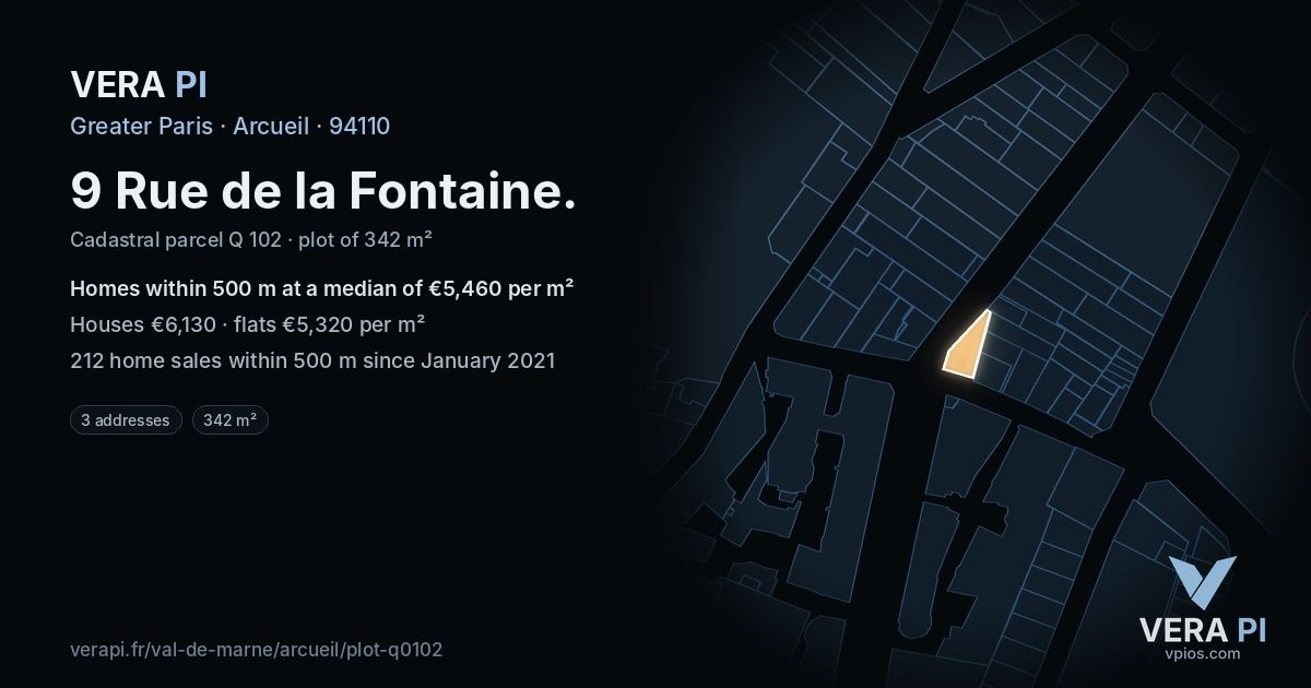 9 Rue de la Fontaine, Arcueil at night – the plot lit, the parcels around coloured by the prices near them