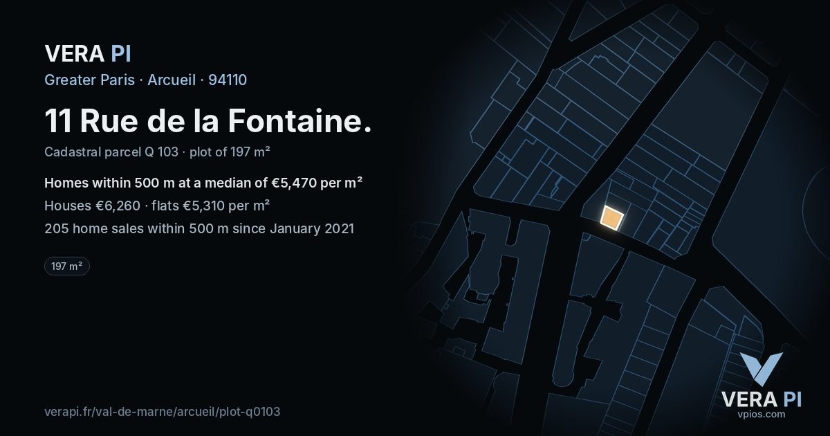 11 Rue de la Fontaine, Arcueil at night – the plot lit, the parcels around coloured by the prices near them