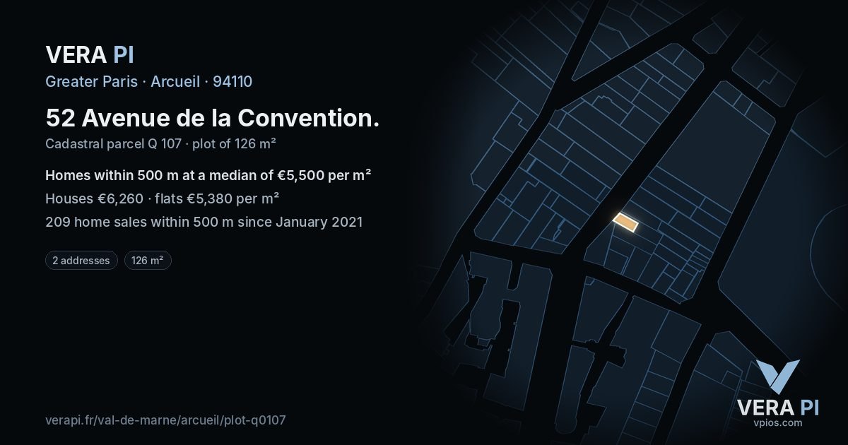 52 Avenue de la Convention, Arcueil at night – the plot lit, the parcels around coloured by the prices near them