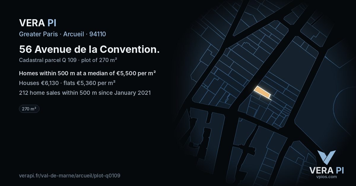 56 Avenue de la Convention, Arcueil at night – the plot lit, the parcels around coloured by the prices near them