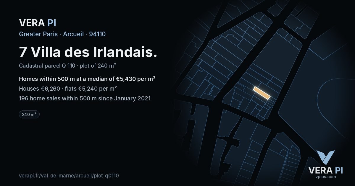 7 Villa des Irlandais, Arcueil at night – the plot lit, the parcels around coloured by the prices near them