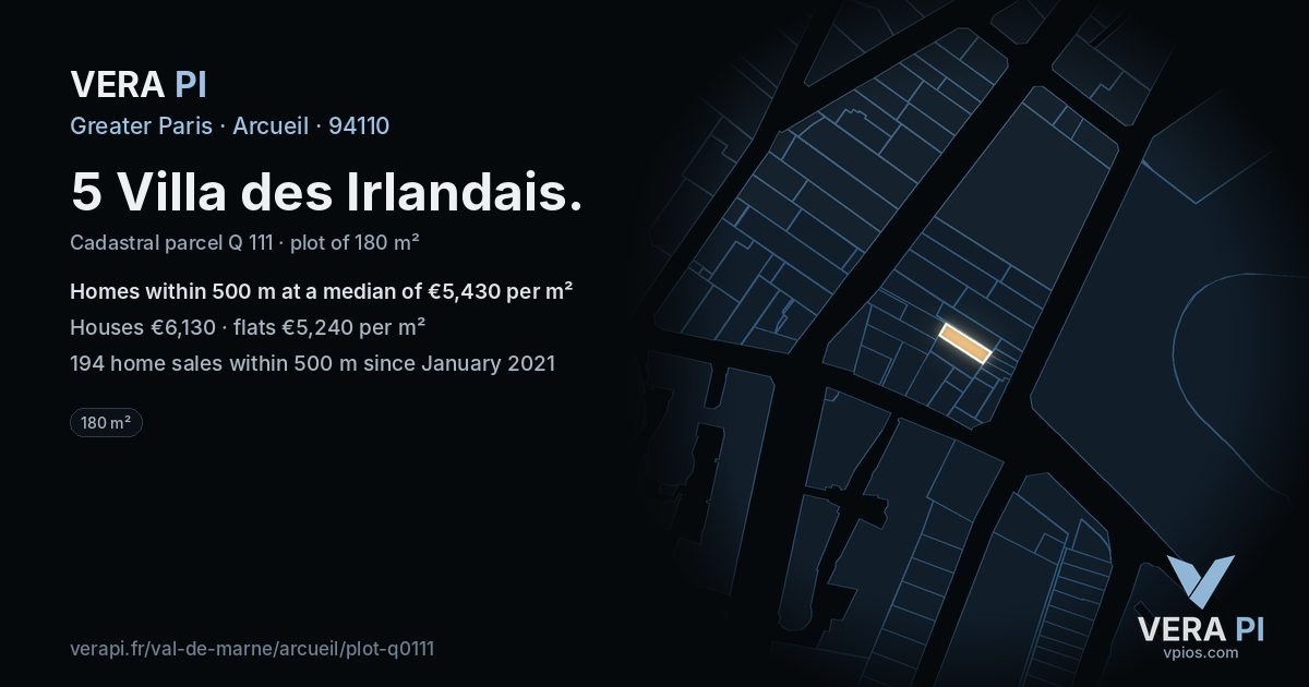 5 Villa des Irlandais, Arcueil at night – the plot lit, the parcels around coloured by the prices near them