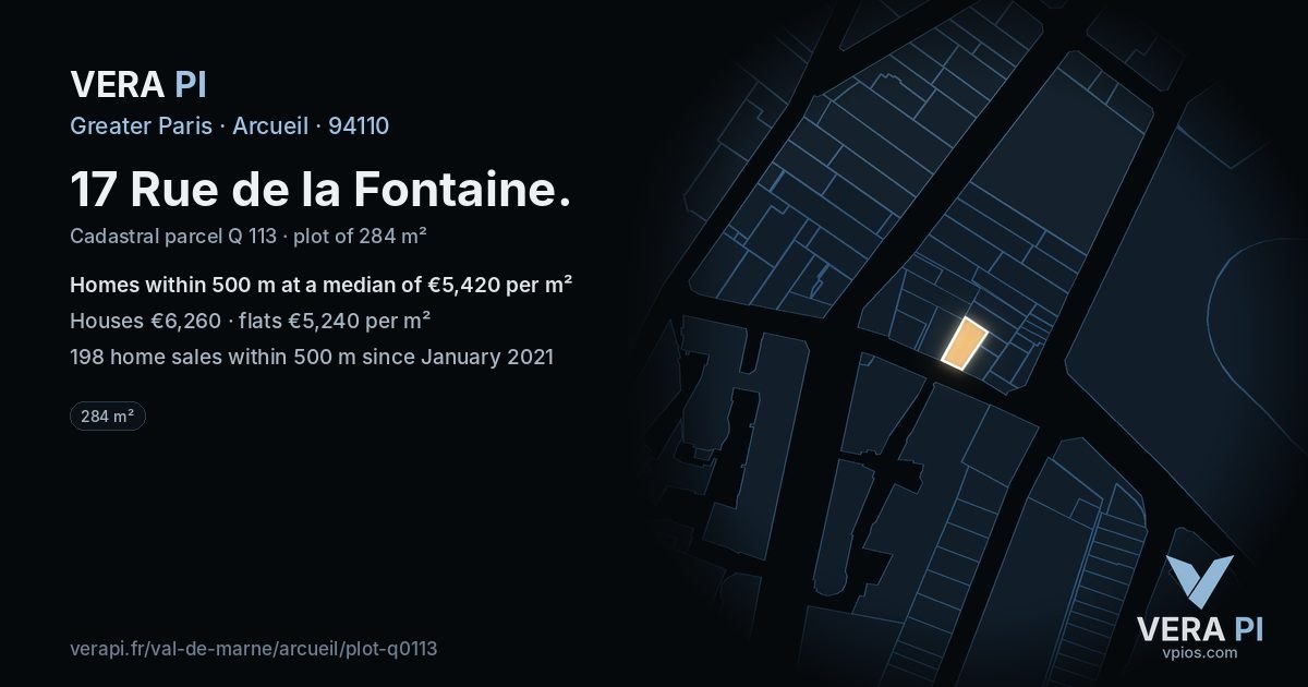 17 Rue de la Fontaine, Arcueil at night – the plot lit, the parcels around coloured by the prices near them