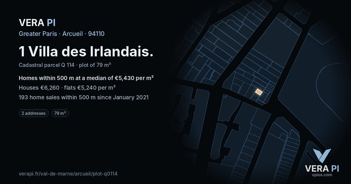 1 Villa des Irlandais, Arcueil at night – the plot lit, the parcels around coloured by the prices near them