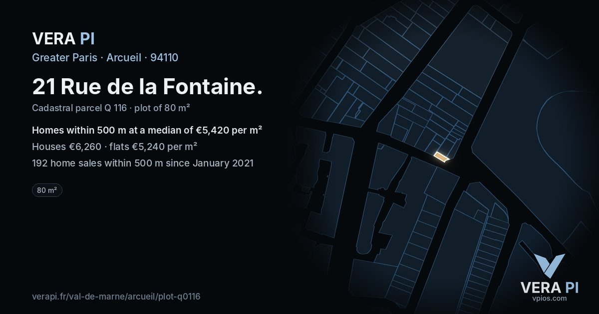 21 Rue de la Fontaine, Arcueil at night – the plot lit, the parcels around coloured by the prices near them