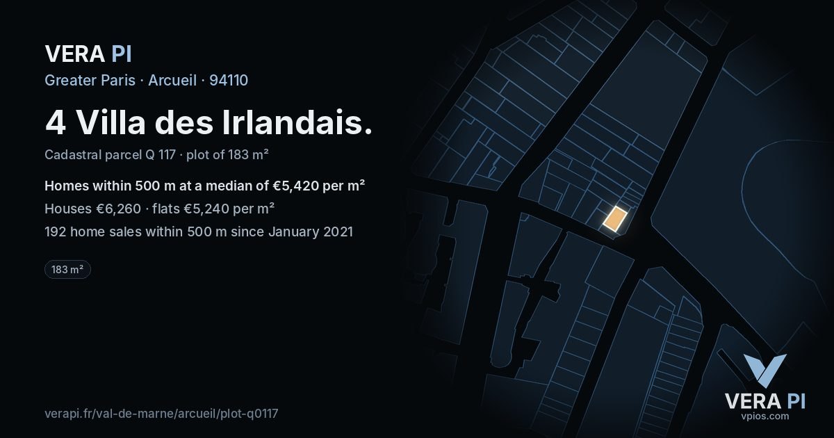 4 Villa des Irlandais, Arcueil at night – the plot lit, the parcels around coloured by the prices near them