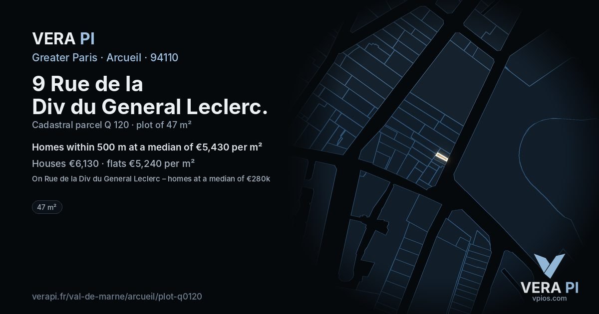 9 Rue de la Div du General Leclerc, Arcueil at night – the plot lit, the parcels around coloured by the prices near them
