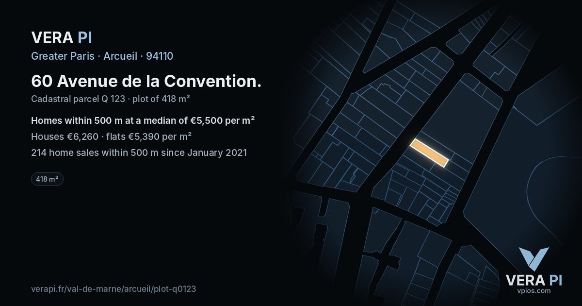 60 Avenue de la Convention, Arcueil at night – the plot lit, the parcels around coloured by the prices near them