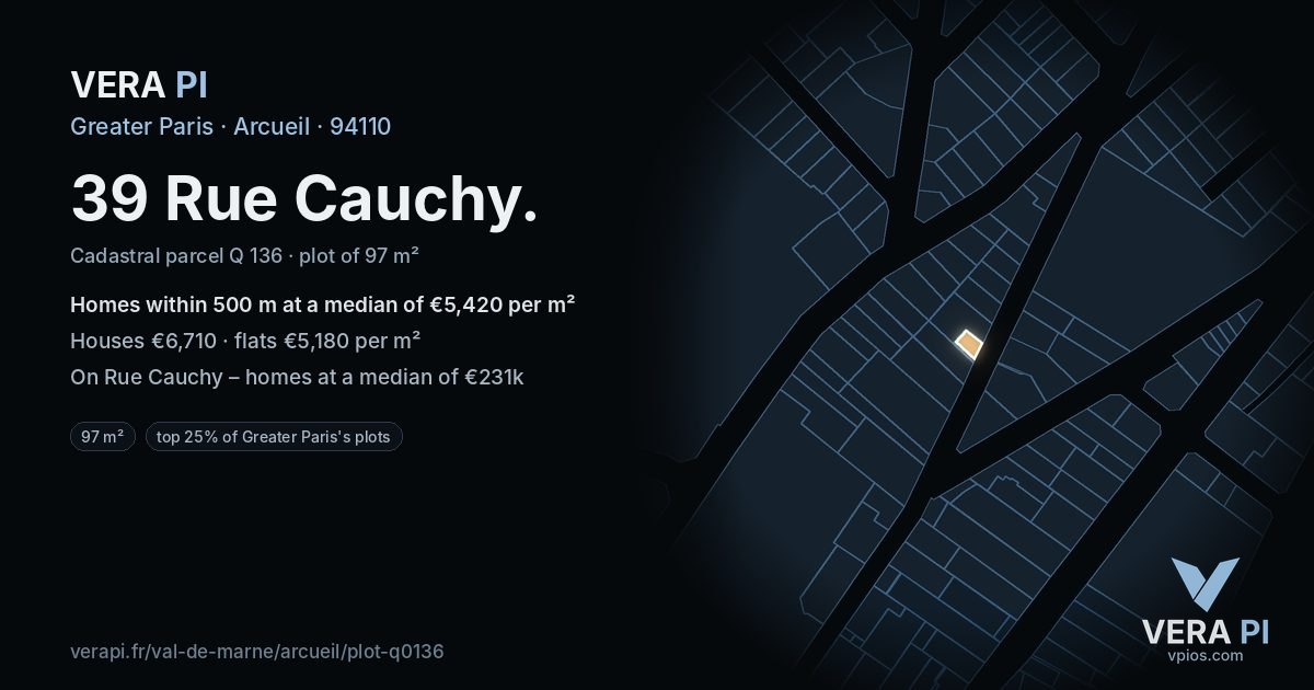 39 Rue Cauchy, Arcueil at night – the plot lit, the parcels around coloured by the prices near them