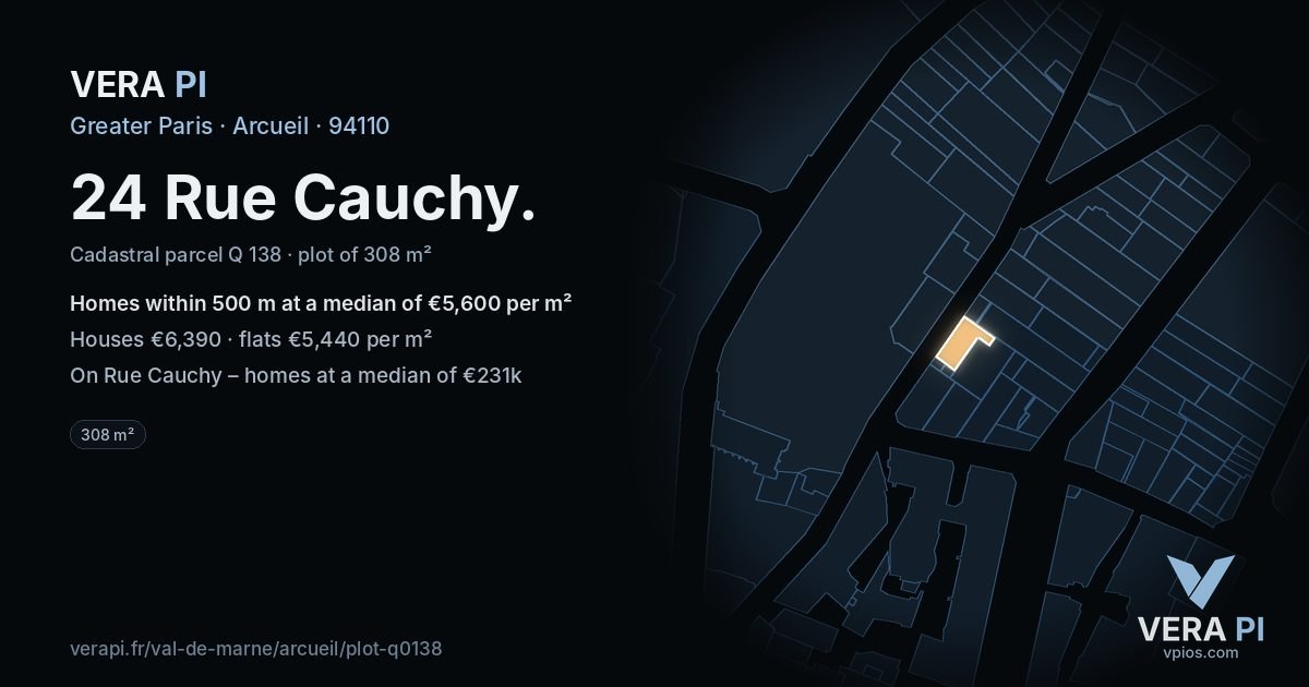 24 Rue Cauchy, Arcueil at night – the plot lit, the parcels around coloured by the prices near them