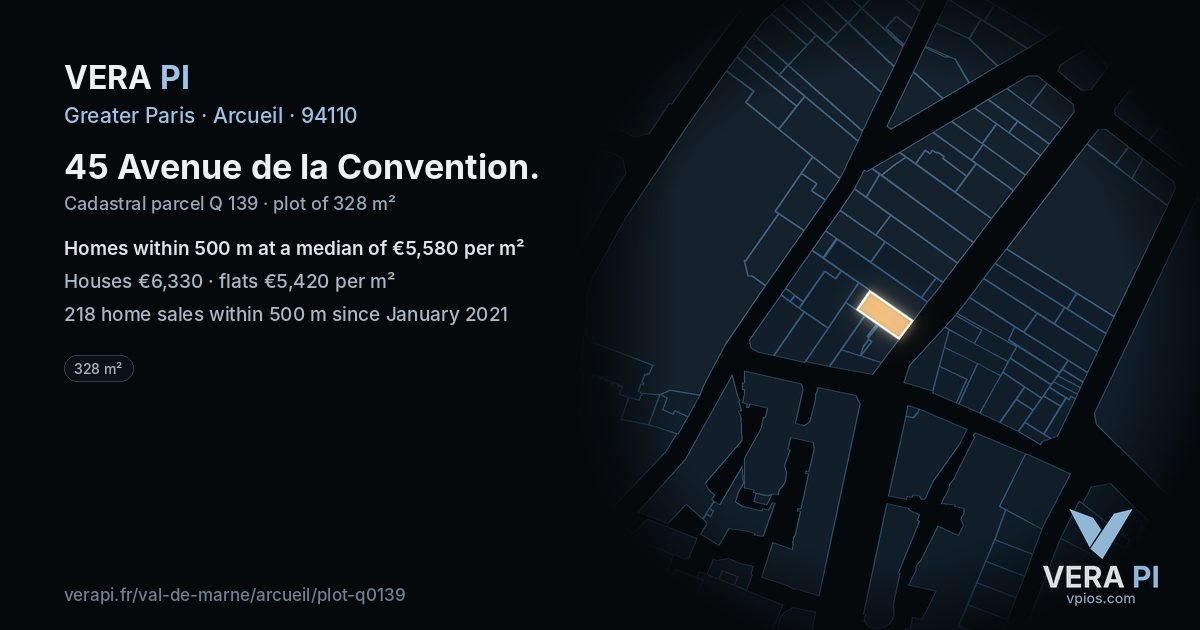 45 Avenue de la Convention, Arcueil at night – the plot lit, the parcels around coloured by the prices near them