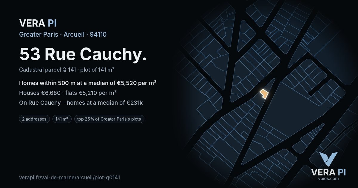 53 Rue Cauchy, Arcueil at night – the plot lit, the parcels around coloured by the prices near them