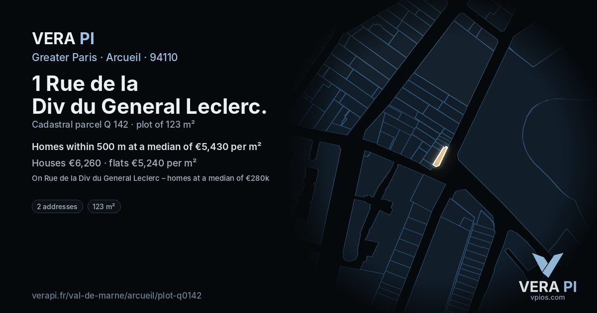 1 Rue de la Div du General Leclerc, Arcueil at night – the plot lit, the parcels around coloured by the prices near them