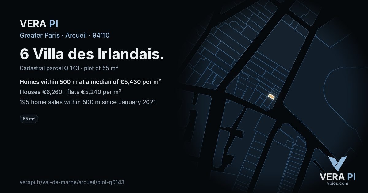 6 Villa des Irlandais, Arcueil at night – the plot lit, the parcels around coloured by the prices near them