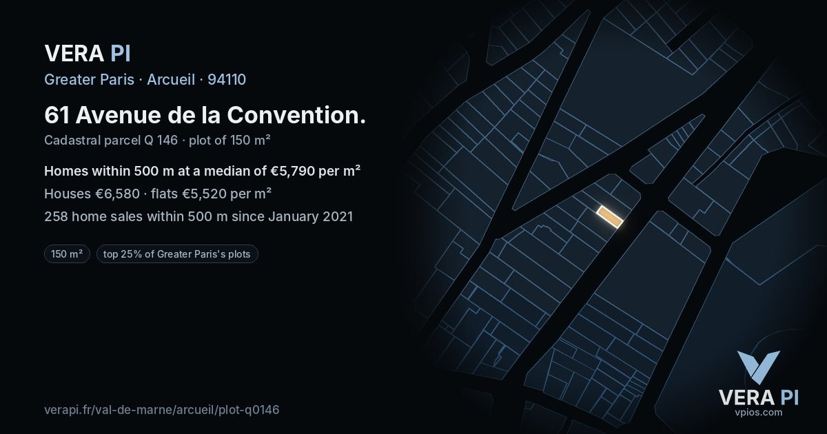 61 Avenue de la Convention, Arcueil at night – the plot lit, the parcels around coloured by the prices near them