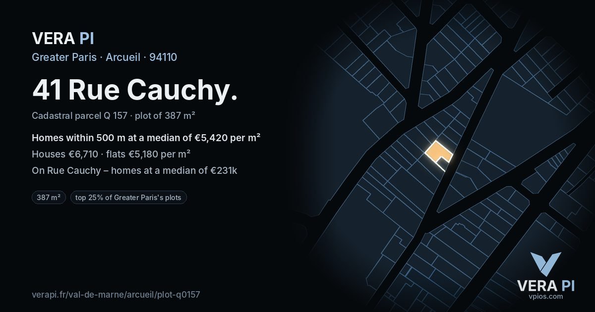 41 Rue Cauchy, Arcueil at night – the plot lit, the parcels around coloured by the prices near them