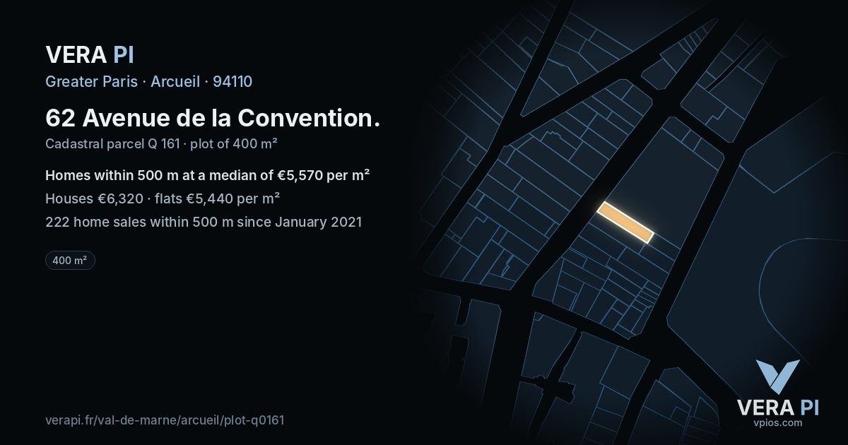62 Avenue de la Convention, Arcueil at night – the plot lit, the parcels around coloured by the prices near them