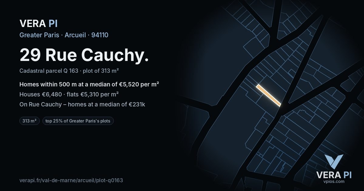 29 Rue Cauchy, Arcueil at night – the plot lit, the parcels around coloured by the prices near them