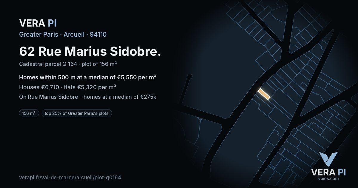 62 Rue Marius Sidobre, Arcueil at night – the plot lit, the parcels around coloured by the prices near them