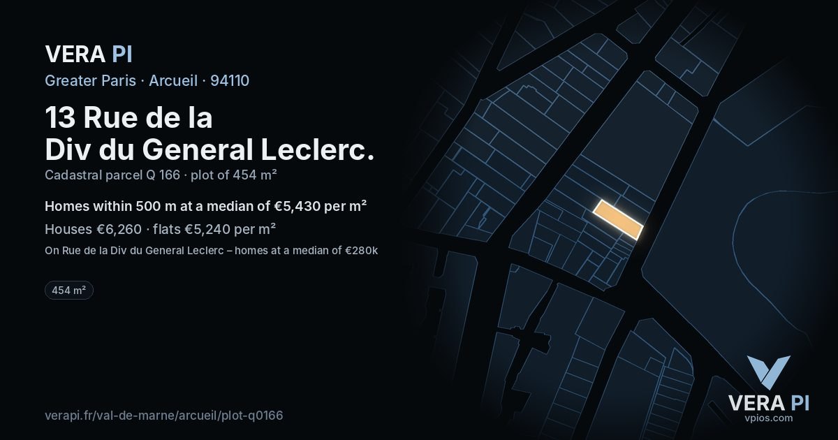 13 Rue de la Div du General Leclerc, Arcueil at night – the plot lit, the parcels around coloured by the prices near them