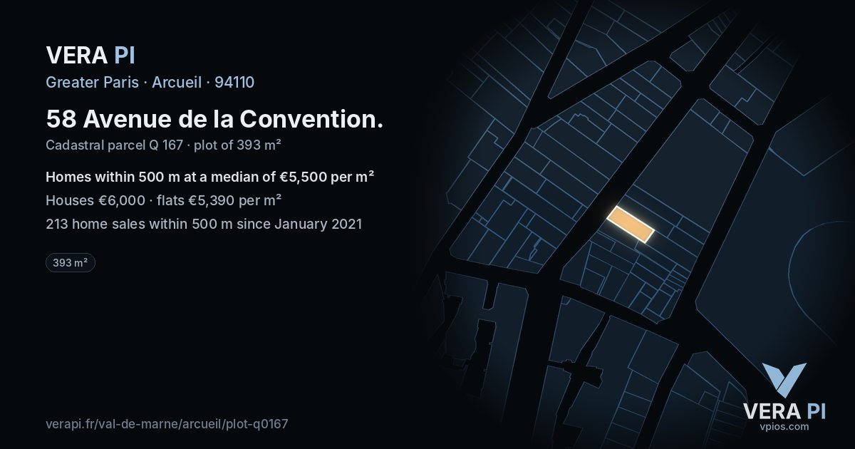 58 Avenue de la Convention, Arcueil at night – the plot lit, the parcels around coloured by the prices near them