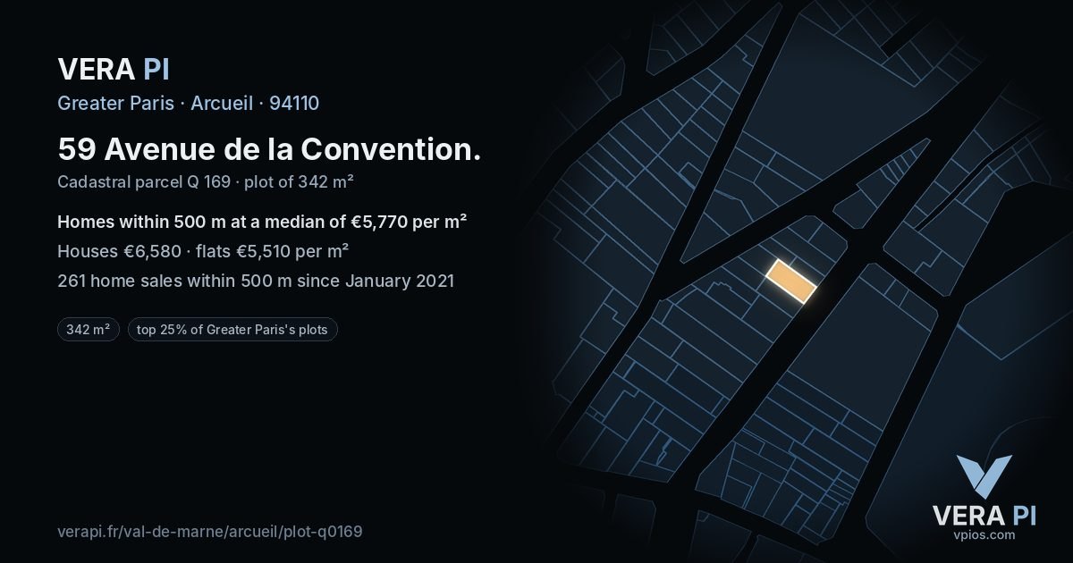 59 Avenue de la Convention, Arcueil at night – the plot lit, the parcels around coloured by the prices near them