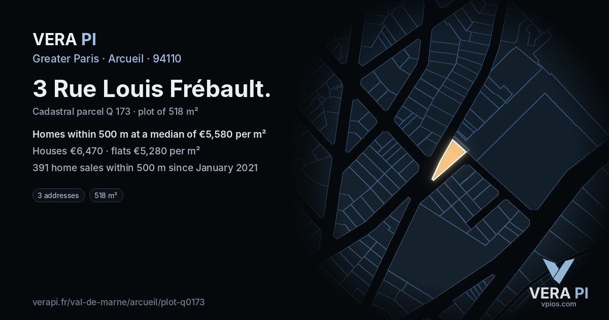 3 Rue Louis Frébault, Arcueil at night – the plot lit, the parcels around coloured by the prices near them