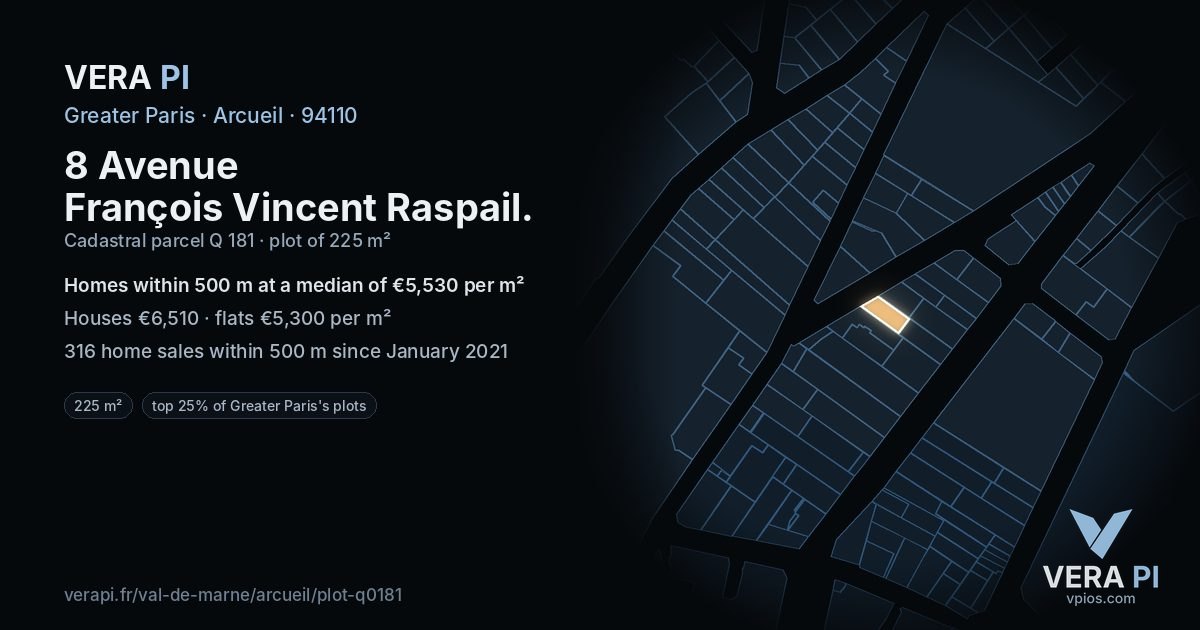8 Avenue François Vincent Raspail, Arcueil at night – the plot lit, the parcels around coloured by the prices near them