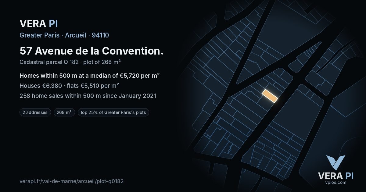 57 Avenue de la Convention, Arcueil at night – the plot lit, the parcels around coloured by the prices near them