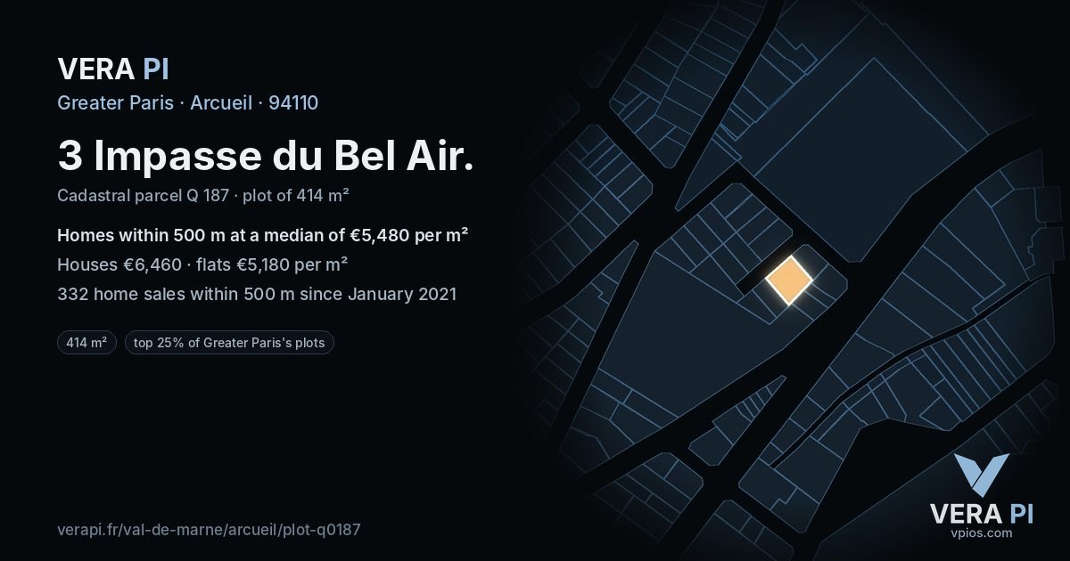 3 Impasse du Bel Air, Arcueil at night – the plot lit, the parcels around coloured by the prices near them