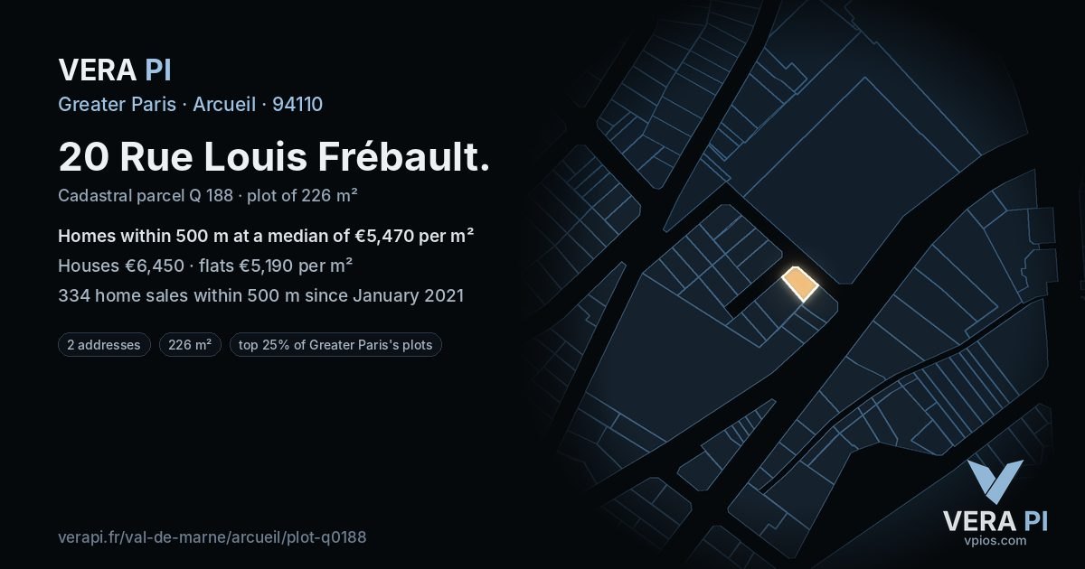 20 Rue Louis Frébault, Arcueil at night – the plot lit, the parcels around coloured by the prices near them
