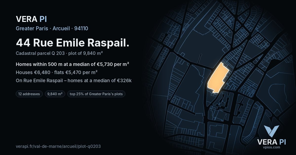 44 Rue Emile Raspail, Arcueil at night – the plot lit, the parcels around coloured by the prices near them