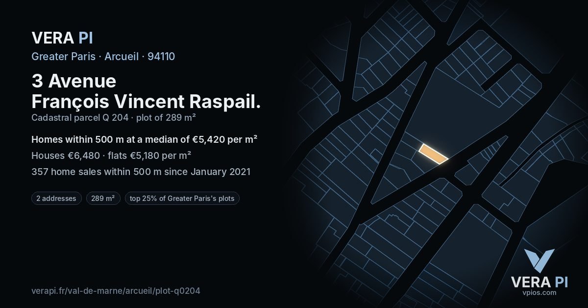 3 Avenue François Vincent Raspail, Arcueil at night – the plot lit, the parcels around coloured by the prices near them