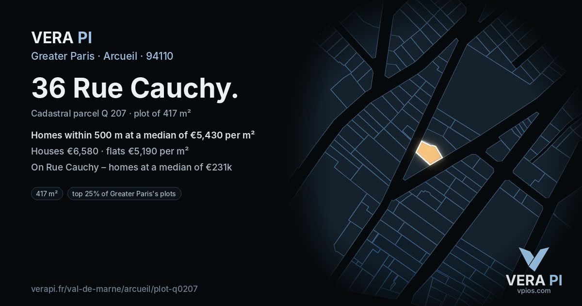 36 Rue Cauchy, Arcueil at night – the plot lit, the parcels around coloured by the prices near them