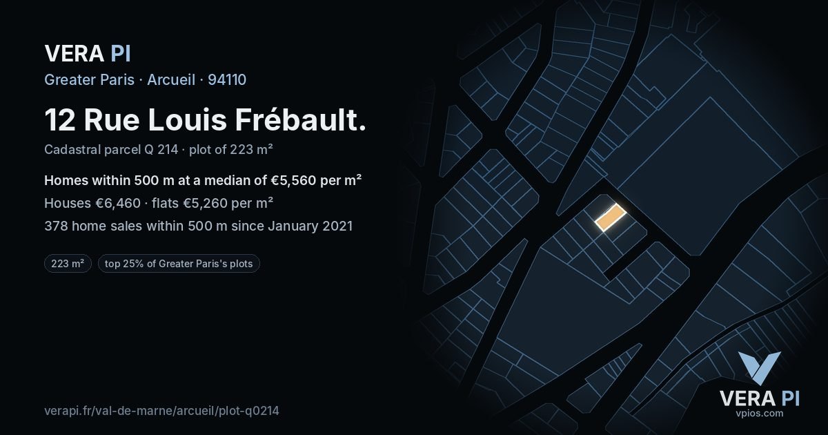 12 Rue Louis Frébault, Arcueil at night – the plot lit, the parcels around coloured by the prices near them