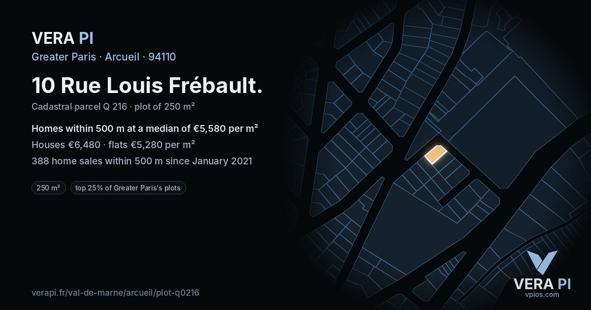10 Rue Louis Frébault, Arcueil at night – the plot lit, the parcels around coloured by the prices near them